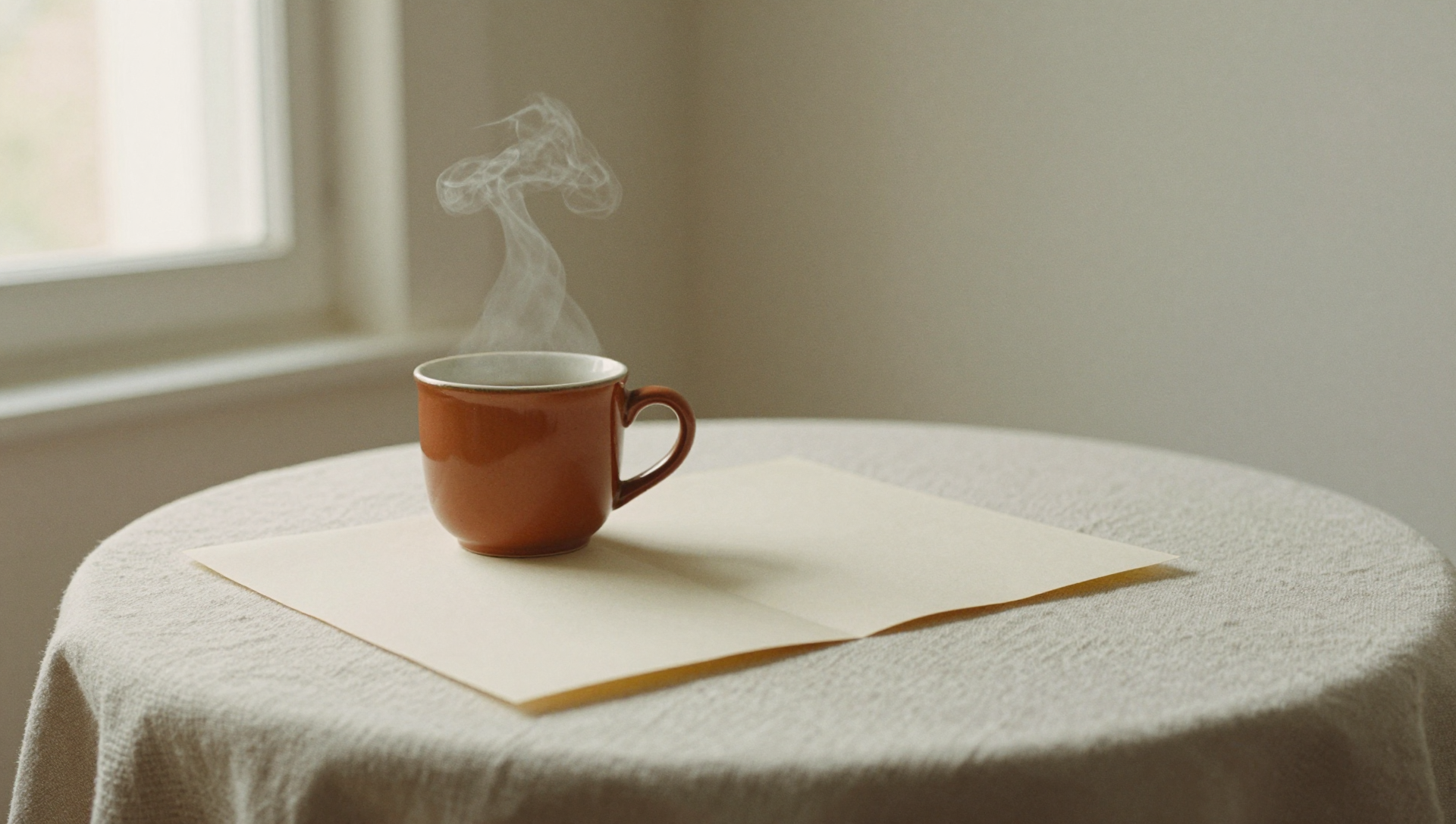 A single folded sheet of cream paper on linen with a terracotta coffee cup at the edge of frame