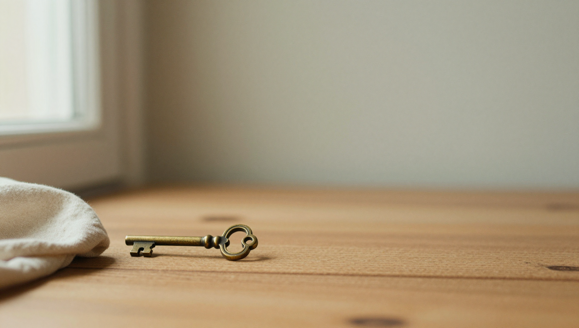 An ornate brass key resting on a raw oak surface with linen at the edge of frame
