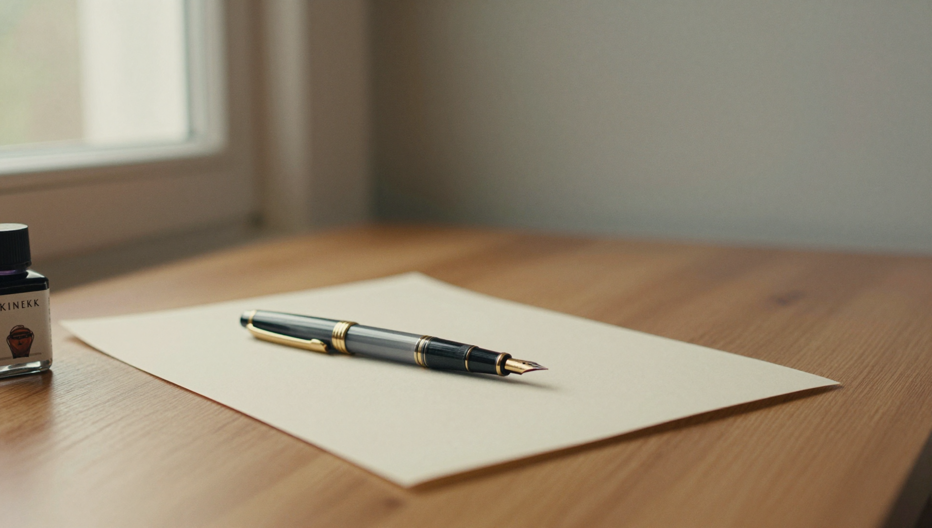 A fountain pen resting on cream paper with a small ink bottle in soft focus