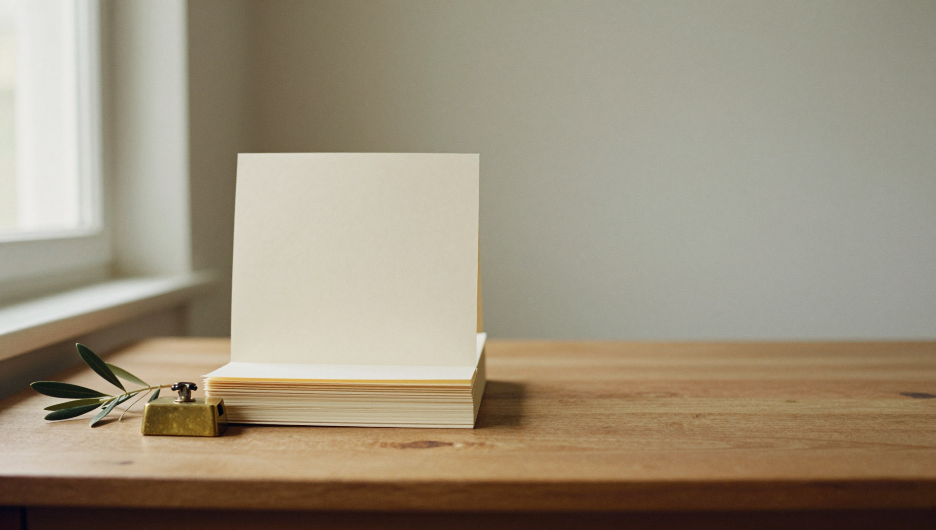 A stack of cream papers held down by a brass paperweight on raw oak with a dried olive branch beside