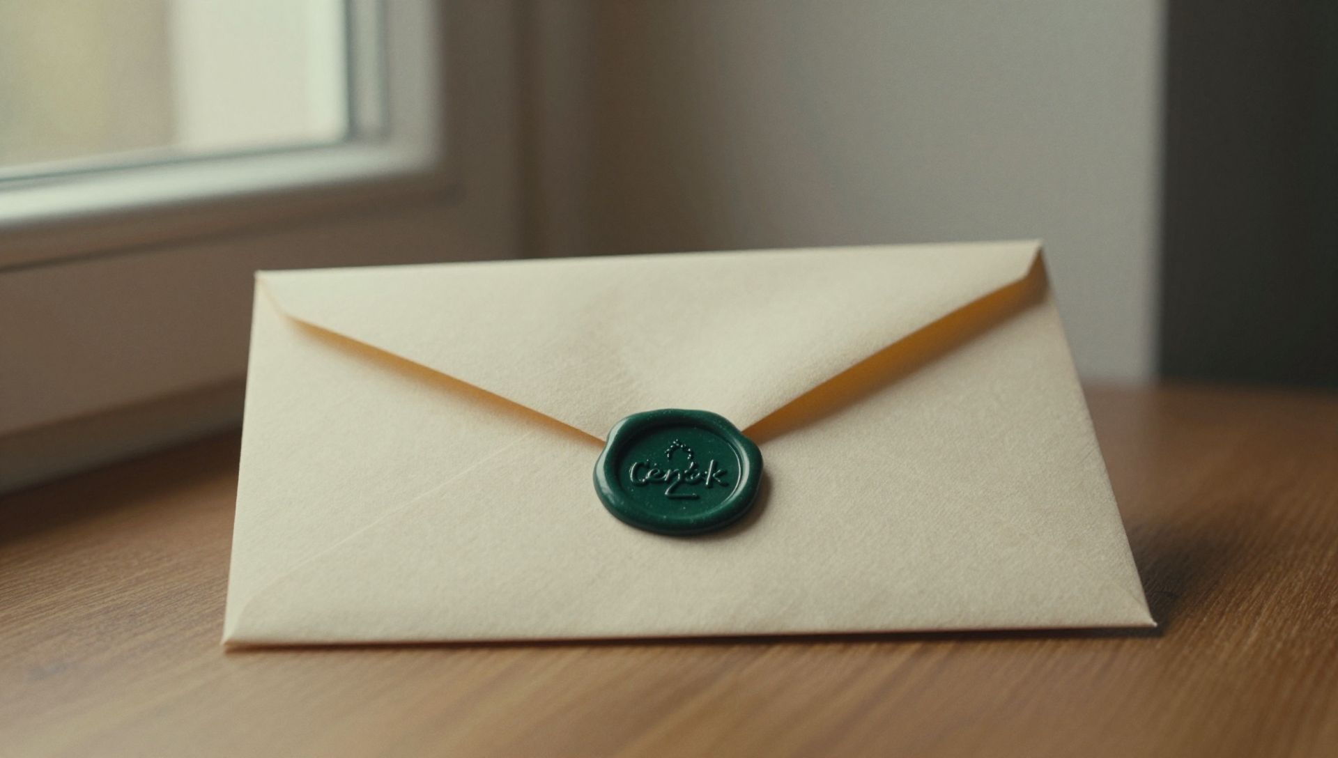 A folded cream envelope sealed with a forest-green wax seal on natural linen